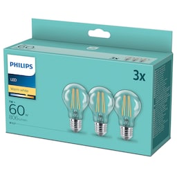 Philips 3-pak LED E27 Normal Klar 60W 806lm