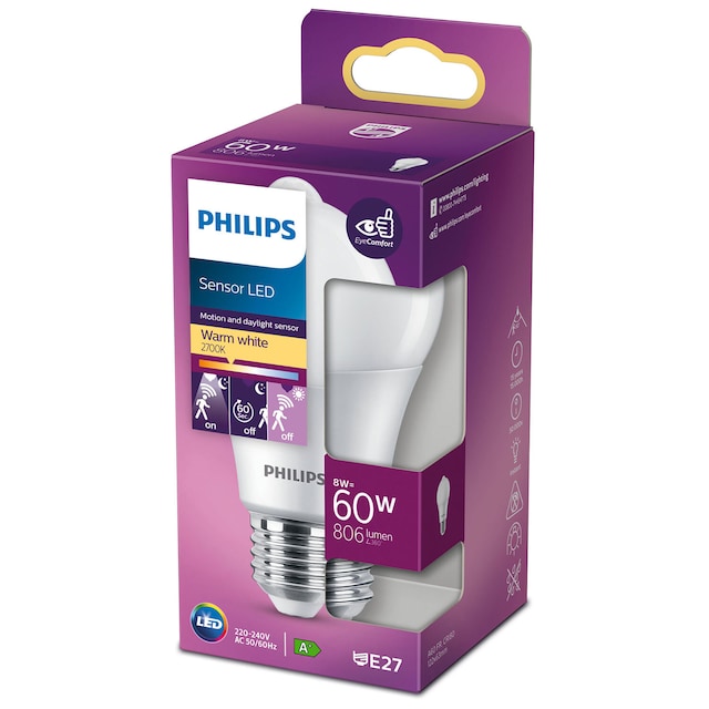 Philips LED E27 Normal 60W Bevægelsessensor 806lm