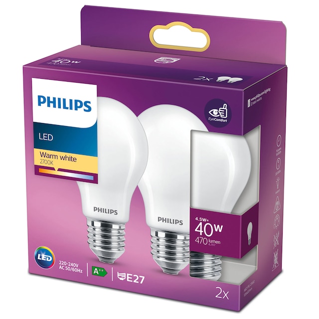 Philips 2-pak LED E27 Normal 40W Frost 470lm