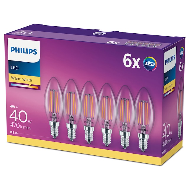 Philips 6-pak LED E14 Crown 4W (40W) Klar 470lm