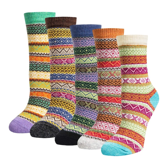 5 par strikkede sokker i flotte farver og mønstre MultiColor L Stribe