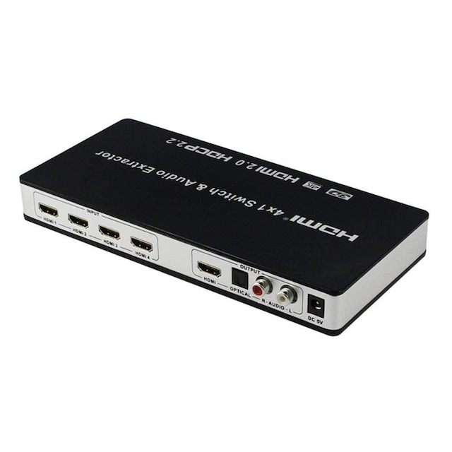 4x1 HDMI Switch og lyddeler UHD 4K 3D HDMI 2.0 ARC Toslink + RCA