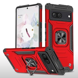 Google Pixel 7 Stødsikker TPU+PC Kickstand Telefontaske Bilmonteret Metalplade - Rød