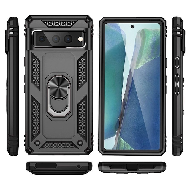 Google Pixel 7 Pro Stødsikker TPU+PC Kickstand Telefontaske Bilmonteret Metalplade - Sort