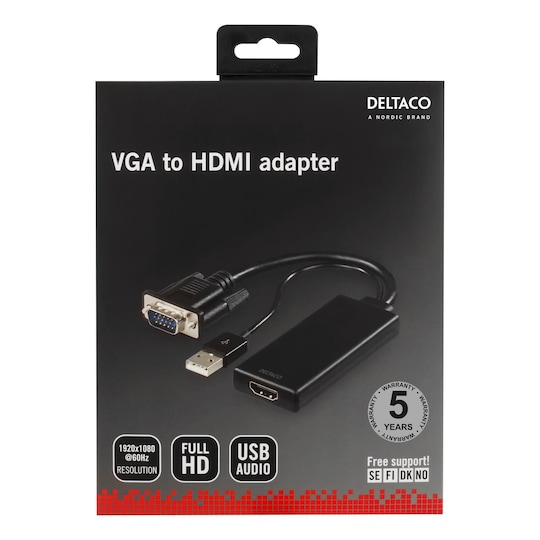 DELTACO VGA to HDMI audio via USB, 1080p, black | Elgiganten