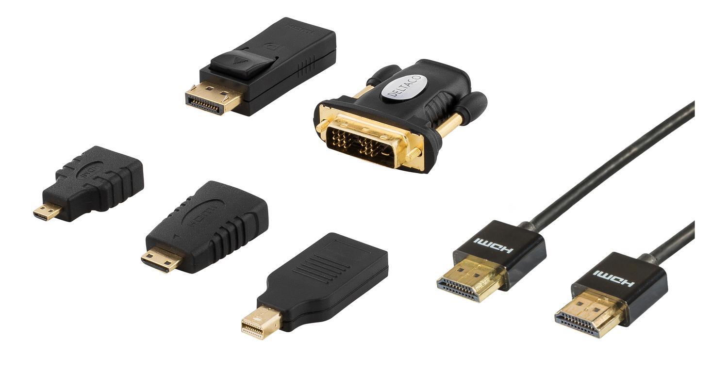 DELTACO HDMI/DisplayPort/DVI adapter kit, HDMI cable 2m, 4K, black Elgiganten