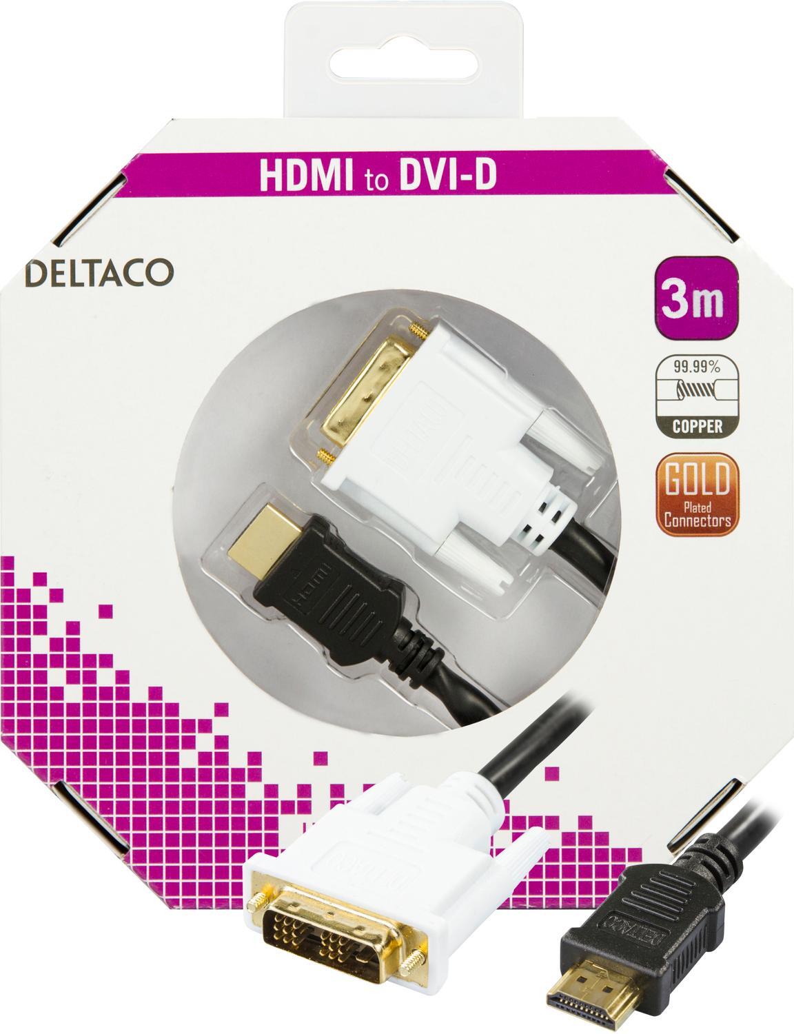 DELTACO HDMI til DVI kabel, 19-pin-DVI- D Single Link, 3m, sort/hvid |  Elgiganten