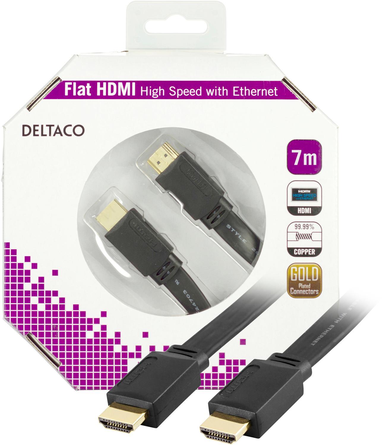 DELTACO fladt HDMI-kabel, HDMI High Speed med Ethernet, 4K, 7m, sort |  Elgiganten