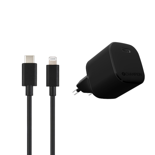 Champion Oplader 20W + USB-C til Lightning Kabel Sort