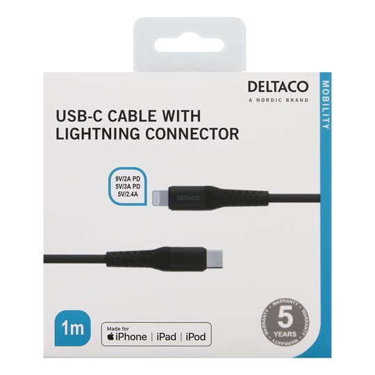 DELTACO USB-C - Lightning cable, 1m, 9V/2A, 5V/3A PD, 5V/2.4A, black |  Elgiganten
