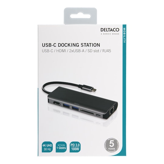 DELTACO USB-C dockningsstation med HDMI, RJ45, 2xUSB A, USB-C PD svart |  Elgiganten