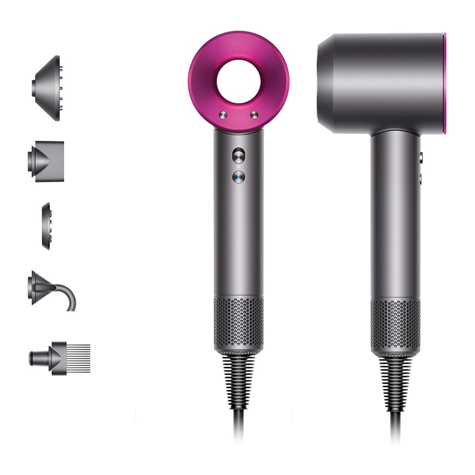 Dyson Supersonic HD07 hårtørrer i grå/fuchsia med tilbehørsdele