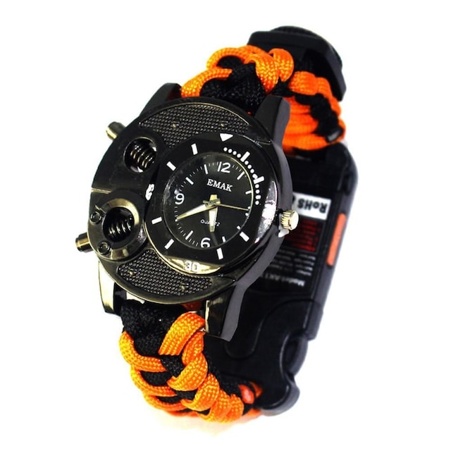 Survival Paracord Armbåndsur Lys Kompas - Orange/Sort