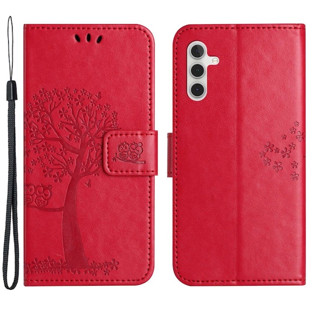 SKALO Samsung A14 4G/5G Owl Tree Flip Cover - Rød