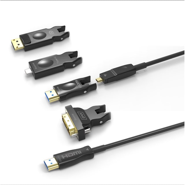 NÖRDIC 10m HDMI 2.0 AOC aktivt fiberkabel, 5 i 1 med aftagelige adaptere HDMI, DVI, USB-C, DP og HDMI-D