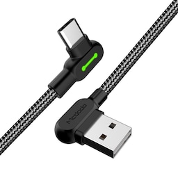 Mcdodo CA 5280 Vinklet USB C til vinklet USB A kabel til synkronisering og hurtig opladning LED sort 0.5m
