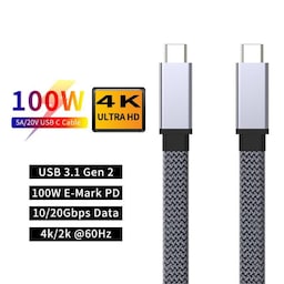 NÖRDIC 50 cm fladt og tyndt kabel USB3.2 Gen2 USB-C til C hurtigopladning med strømforsyning PD100W 5A 10Gbps 4K 60Hz med Emarker