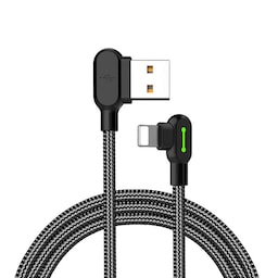 Mcdodo CA-4673 Vinklet Apple Lightning (Ikke-MFI er) til vinklet USB A-kabel til synkronisering og hurtig opladning, LED, sort, 1.8m