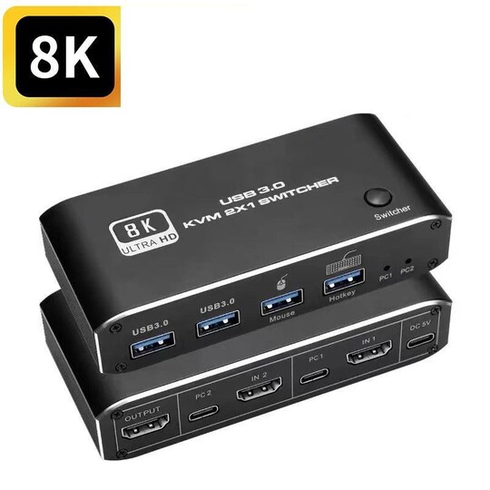 NÖRDIC USB-C HDMI 2.1 8K60Hz KVM-switch 2 til 1 HDR10 med 4XUSB-A-udgang |