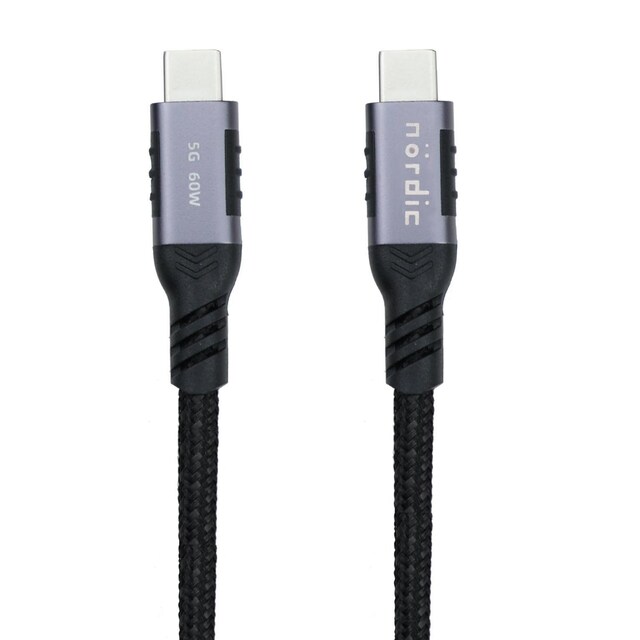 NÖRDIC 50cm USB3.2 Gen1 USB-C til C nylonflettet kabel hurtig opladning 3A 5Gbps Strømforsyning PD 60W