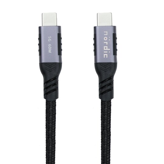 NÖRDIC 50cm USB3.2 Gen1 USB-C til C nylonflettet kabel hurtig opladning 3A  5Gbps Strømforsyning PD 60W | Elgiganten