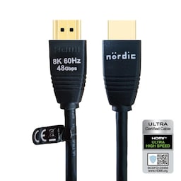 NÖRDIC CERTIFIED CABLES 5m Ultra High Speed ​​​​HDMI2.1 8K 60Hz 4K 120Hz 144Hz 48Gbps Dynamic HDR eARC Game Mode VRR Dolby ATMOS guldbelagt PVC sort