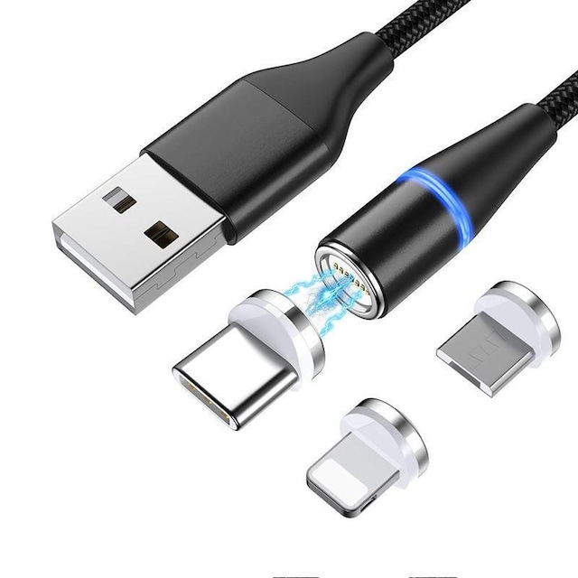 NÖRDIC USB2.0 Magnetisk kabel 3i1 Lightning (Ikke MFI), USB-C Micro USB 1m3A sort