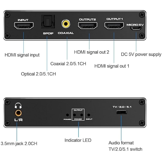 NÖRDIC HDMI splitter 1 2 med Audio Extractor 4K60Hz HDCP2.3 HDR10 Toslink SPDIF + Koaksial + 3,5 mm lyd | Elgiganten