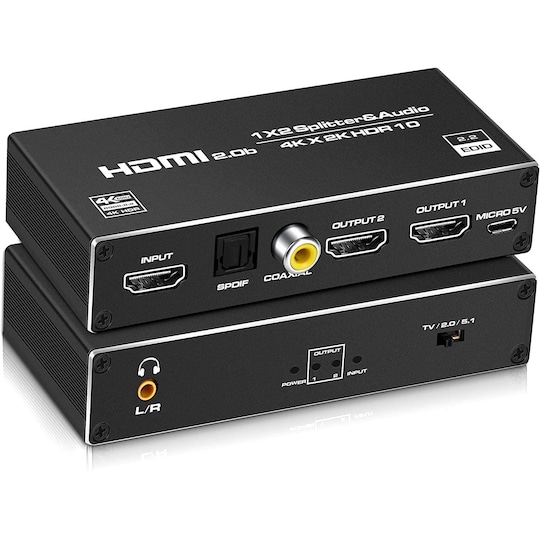 NÖRDIC HDMI splitter 1 2 med Audio Extractor 4K60Hz HDCP2.3 HDR10 Toslink SPDIF + Koaksial + 3,5 mm lyd | Elgiganten