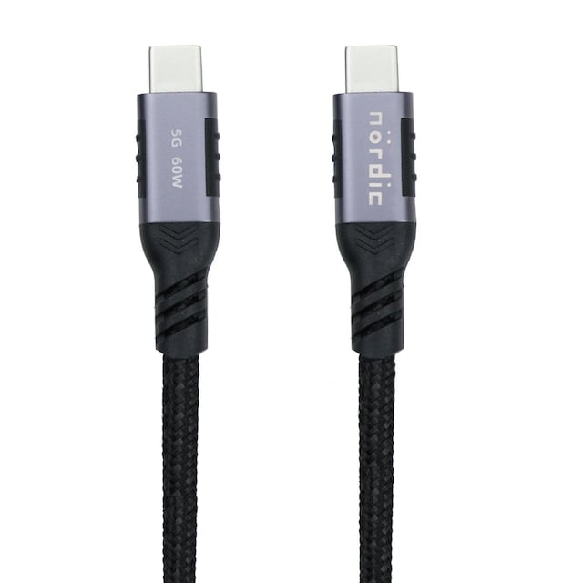 NÖRDIC 1,5m USB3.2 Gen1 USB-C til C nylonflettet kabel hurtigopladning 3A 5Gbps Strømforsyning PD 60W