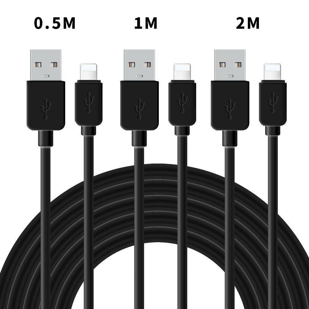 NÖRDIC kabelsæt 3 pak 0,5m + 1m + 2m Lightning (Non MFI) til USB A 2.0  480Mbps 2,4a sort til Iphone og covers | Elgiganten