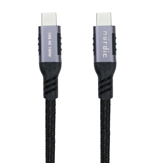 NÖRDIC 1,5m USB3.2 Gen2 USB-C til C nylonflettet kabel hurtigopladning med strømforsyning PD100W 10Gbps 5A med Emarker