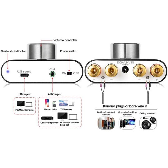 5.0 stereoforstærker digital 2x50W AUX / USB / BT sølv | Elgiganten