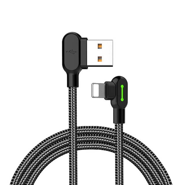 Mcdodo CA-4671 Vinklet Apple Lightning (Ikke-MFI er) til vinklet USB A-kabel til synkronisering og hurtig opladning, LED, sort, 1,2 m