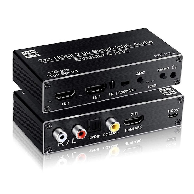 NÖRDIC HDMI skifte 2 til 1 med Lydudtrækkeren og ARC 4K 60Hz SPDIF Coaxial RCA L / R stereo
