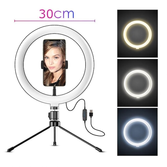 LED Let kæde 30 cm i diameter med en mobil holder med stativ 10 trin tre  lysdæmpes tilstand selfie lampe lys ring lys | Elgiganten