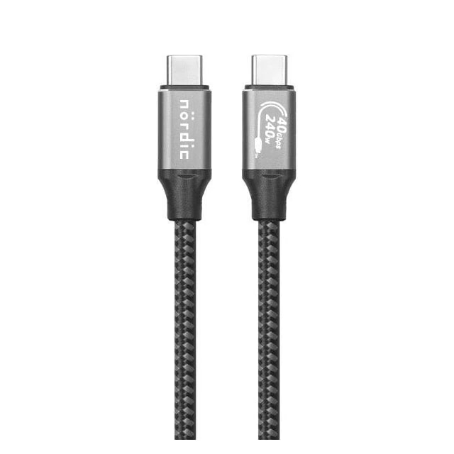 NÖRDIC 50cm USB4 USB-C til C nylonflettet kabel PD3.1 240W hurtigopladning 40G 8K60Hz 4K120Hz 5K60Hz 2x4K60Hz Emarker-kompatibel Thunderbolt 4 og 3