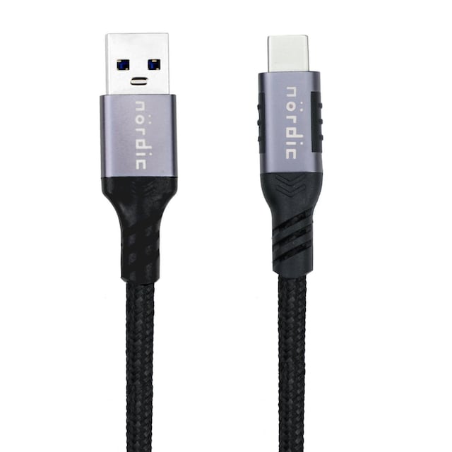 NÖRDIC 1m USB3.2 Gen1 USB-C til A nylonflettet kabel hurtig opladning 3A 5Gbps Strømforsyning PD 60W
