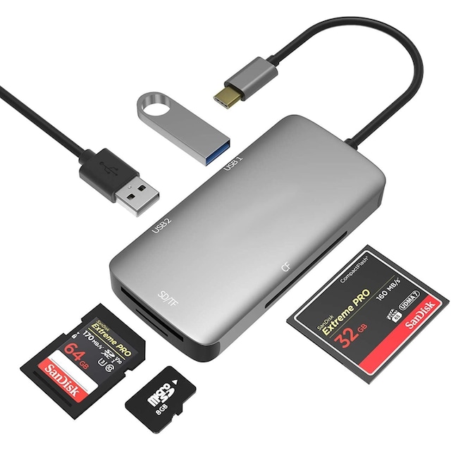 NÖRDIC 1 til 5 USB-C adapter SD / TF og CF kortlæser med 2xUSB3.0 op til 5 Gbps
