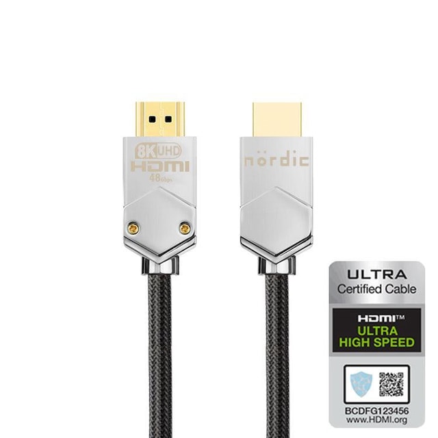 NÖRDIC CERTIFICEREDE KABLER 2m Ultra High Speed ​​​​HDMI 2.1 8K 60Hz 4K 120Hz 48Gbps Dynamic HDR eARC VRR ekstra holdbart nylonflettet kabel forgyldt