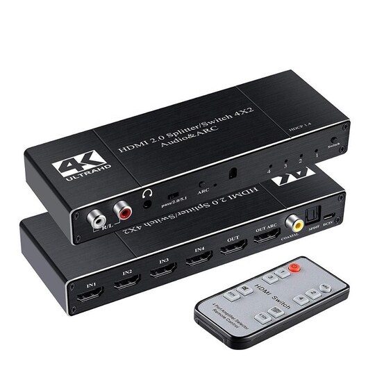 NÖRDIC HDMI 4 2 med lyd emhætte og ARC, i 4Kx2K 60Hz, HDCP 2.2, 5.1 surround, Metal |