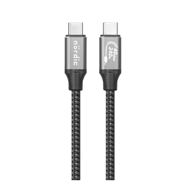 NÖRDIC 1m USB4 USB-C til C nylonflettet kabel PD3.1 med 240W hurtigopladning 40G 8K60Hz 4K120Hz 5K60Hz 2x4K60Hz med Emarker kompatibel med TB 4 og 3
