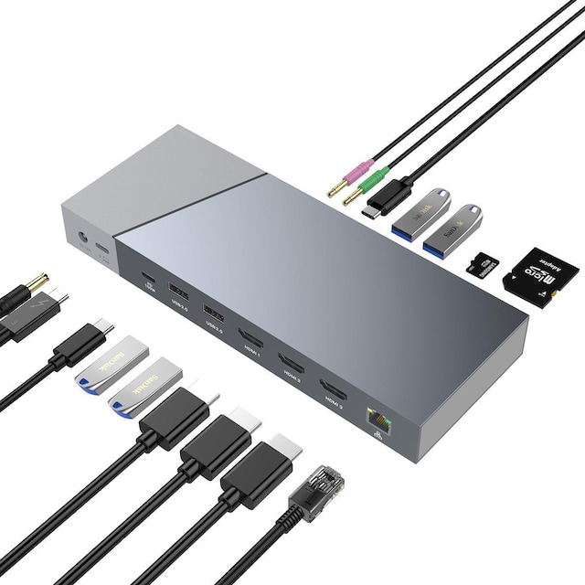 NÖRDIC DisplayLink USB-A & USB-C Dockingstation 1 til 15 til tredobbelte skærme 3xHDMI 4K30Hz til Mac M1 M2 Thunderbolt 3 & 4