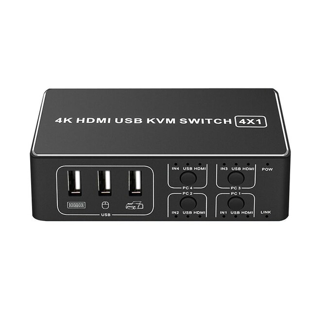 NÖRDIC KVM Switch 4 PC til 1xHDMI 4K 60Hz og 4xUSB HDCP 2.2 til Xbox, PS5, Laptop