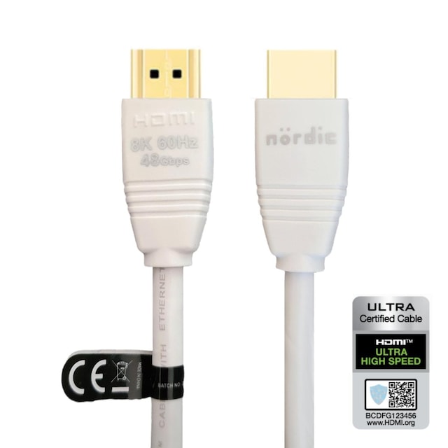 NÖRDIC CERTIFIED CABLES 1,5m Ultra High Speed ​​​​HDMI2.1 8K 60Hz 4K 120Hz 144Hz 48Gbps Dynamic HDR eARC Game Mode VRR Dolby ATMOS guldbelagt PVC hvid