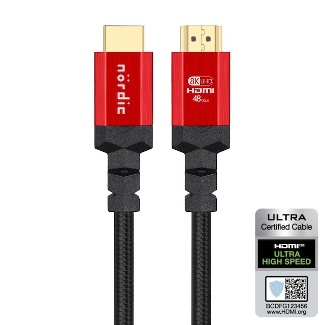 NÖRDIC CERTIFIED CABLES 2m HDMI 2.1 Ultra High Speed ​​8K 4K 60Hz 120Hz 48 Gbps Dynamic HDR eARC Game Mode VRR Dolby ATMOS nylon flettet forgyldt