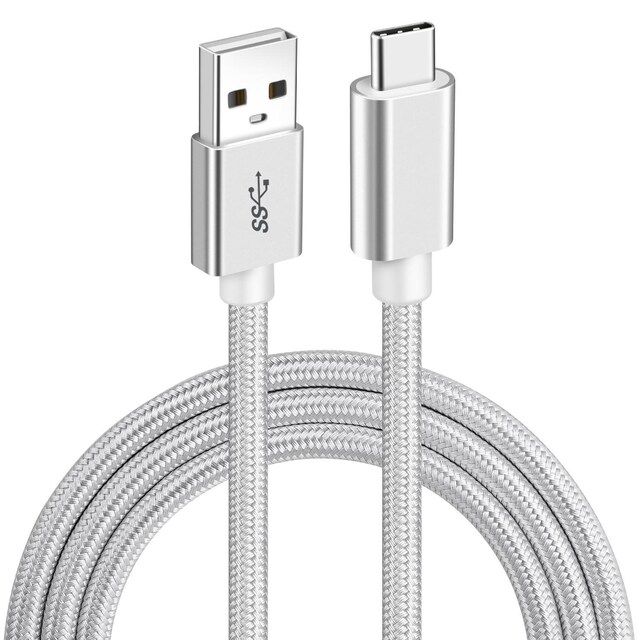 NÖRDIC 1,5m USB C til USB A CABLE USB3.1 Gen1 Hurtig opladning 3A 60W 5GBPS Nylon Flettet Hvid