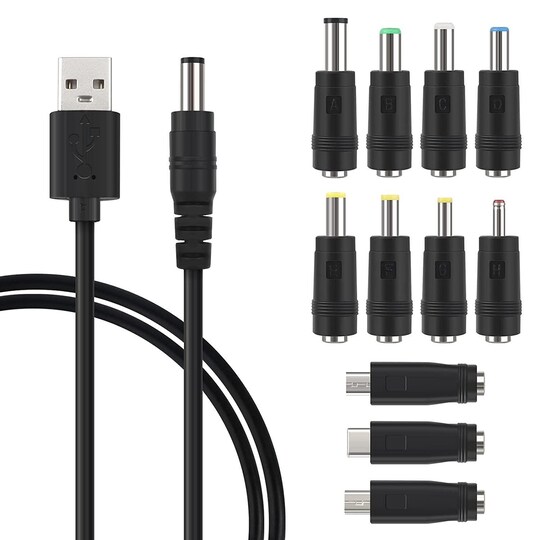 NÖRDIC 1m Strømkabel USB til DC med 11 stik USB DC Strøm | Elgiganten