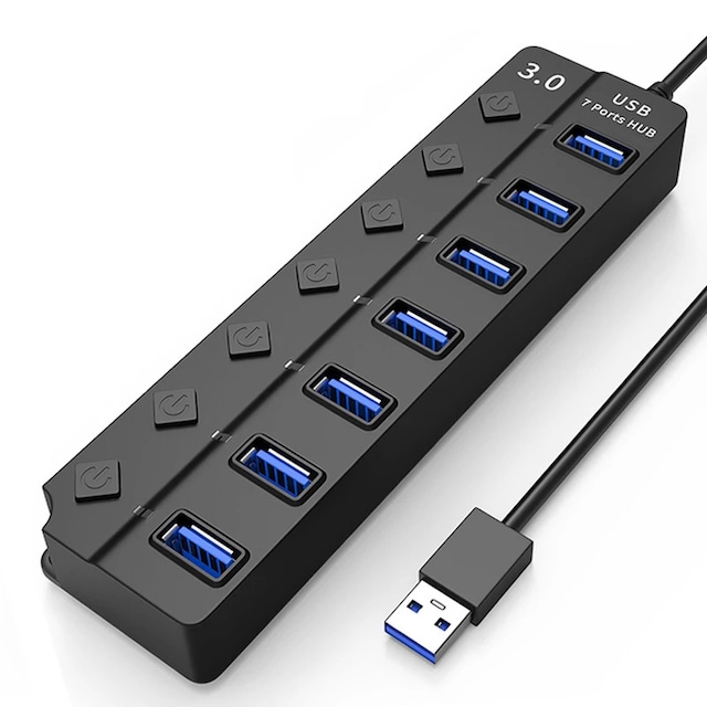 USB splitter USB 3.0 hub 5 Gbps 7-ports individuelle LED tænd/sluk-knapper