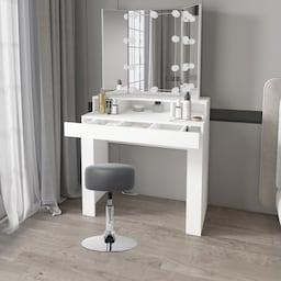 Påklædningsbord med LED-belysning Spejl og skammel 89,5x155x43,5 cm Hvid MDF Træ